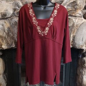 Classic Elements Burgundy Embroidered V-Neck Blouse